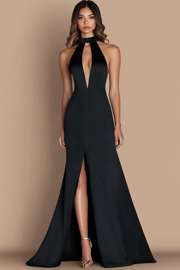 Svart Halter Cut Out Mermaid Gala Klänning med slits